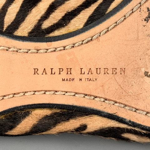 RALPH LAUREN Talla 8.5 Zapatos planos de pelo de becerro con estampado de cebra en beige y marrón