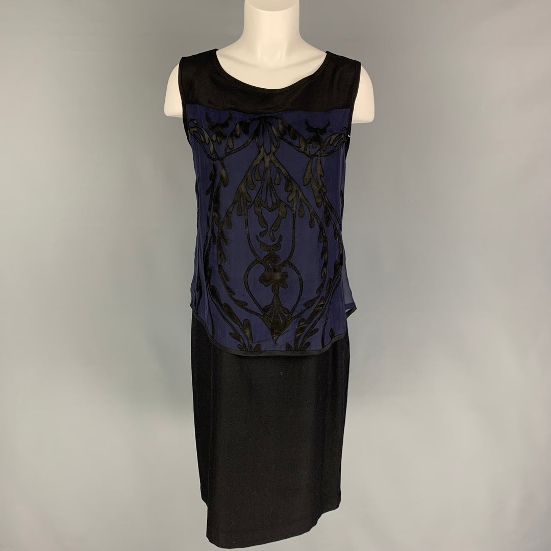 PAS de CALAIS Talla M Vestido sin mangas con apliques de seda de rayón negro azul oscuro