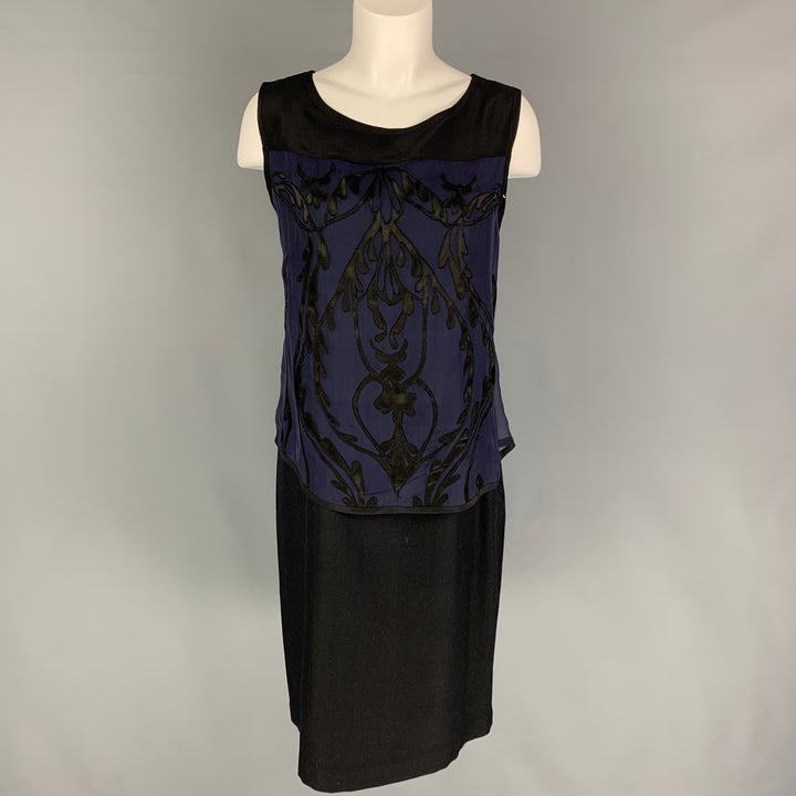 PAS de CALAIS Talla M Vestido sin mangas con apliques de seda de rayón negro azul oscuro