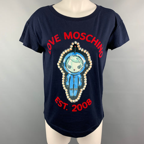 LOVE MOSCHINO Size 6 Navy Multicolour Cotton Astronaut Velvet Graphic T-Shirt