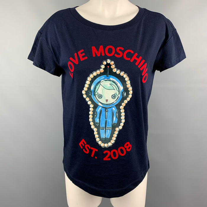LOVE MOSCHINO Size 6 Navy Multicolour Cotton Astronaut Velvet Graphic T-Shirt