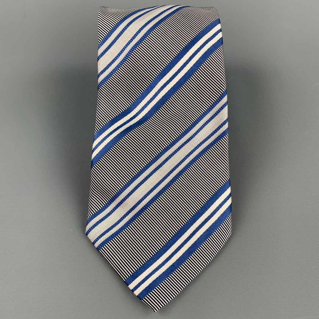 ERMENEGILDO ZEGNA Blue & White Diagonal Stripe Silk / Cotton Tie