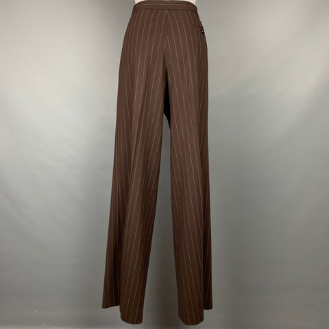 RALPH LAUREN Collection Size 10 Brown & Cream Pinstripe Virgin Wool Wide Leg Pants Suit