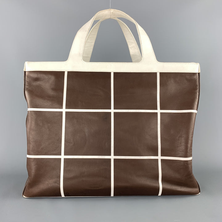 RALPH LAUREN Brown & White Window Pane Print Tote Handbag