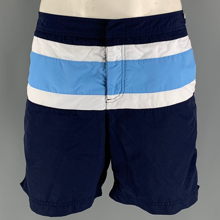 ORLEBAR BROWN Size 38 Navy White Stripe Nylon Side Tabs Swim Trunks
