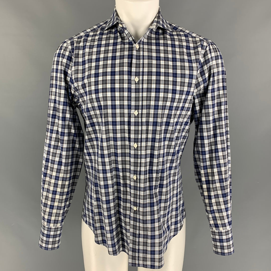 BRUNELLO CUCINELLI Size M Blue White Charcoal Checkered Slim Fit Shirt