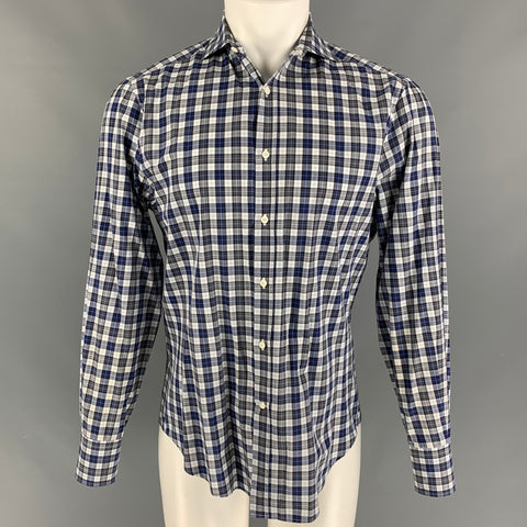 BRUNELLO CUCINELLI Talla M Camisa slim fit a cuadros azul blanco carbón