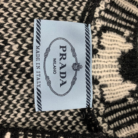 PRADA Fall '21 Size 2 Black & Off White Floral Crepe Wool / Silk Knitted V-Neck Dress