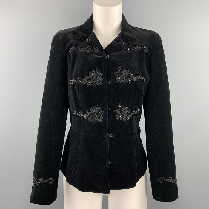BLUMARINE Size 6 Black Embroidered Cotton Velvet Hook & Eye Jacket