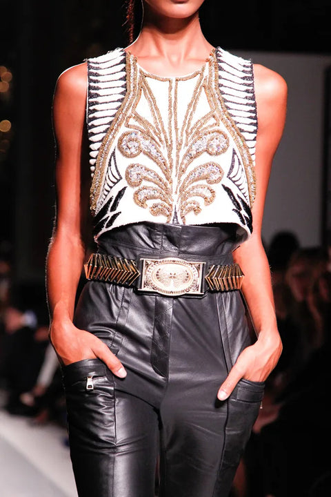 BALMAIN SS 2012 Size 8 White Black Gold Silk Beaded Sleeveless Dress Top