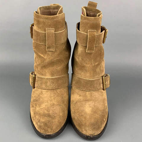 BURBERRY Size 8 Khaki Suede Ankle Strap Boots