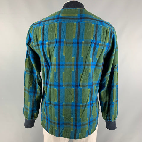 UNIVERSAL WORKS Size L Blue & Olive Plaid Cotton Collarless Long Sleeve Shirt