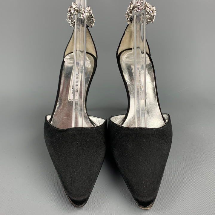 MANOLO BLAHNIK Size 8 Black Satin Silk Rhinestone Ankle Strap Sandals