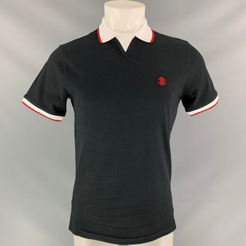 ROBERTO CAVALLI Size M Black White & Red Cotton & Elastane Short Sleeve Polo