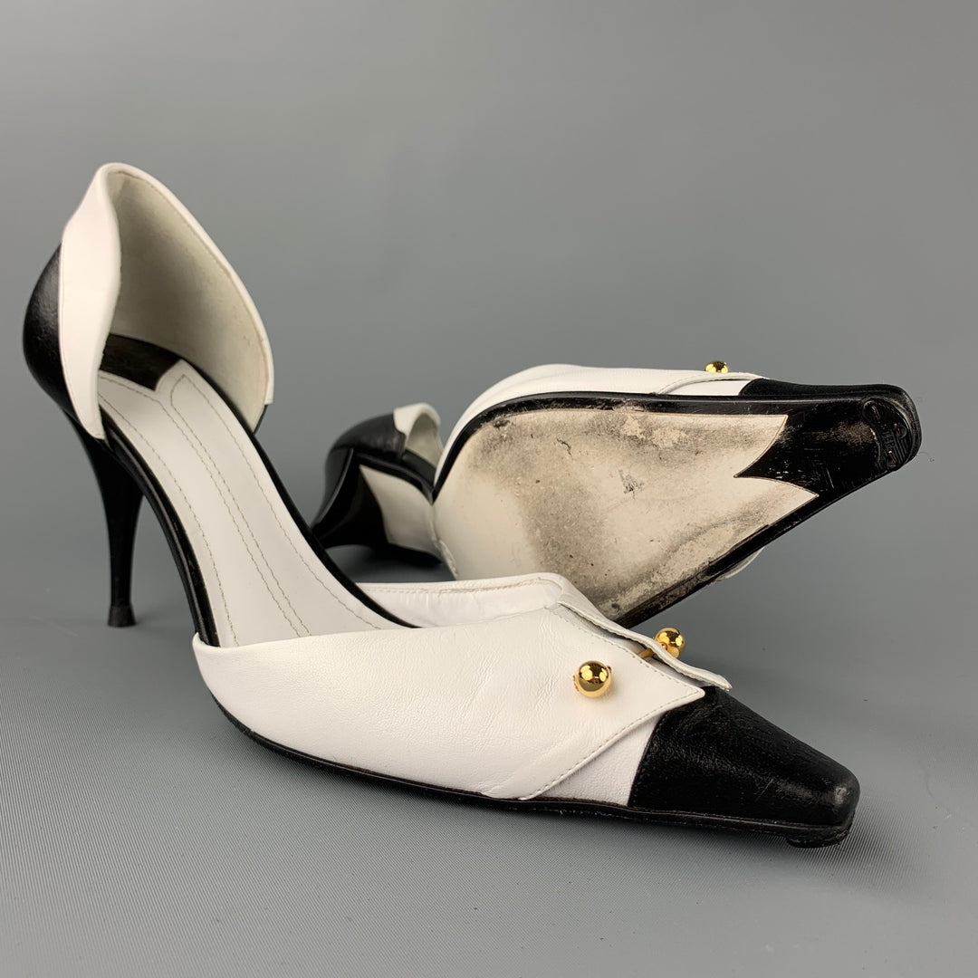 CHANEL Size 10 White & Black Two Toned Leather D'Orsay Pumps