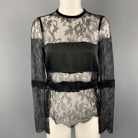 EMANUEL UNGARO Size 2 Black Lace Satin Stripe Panel Blouse