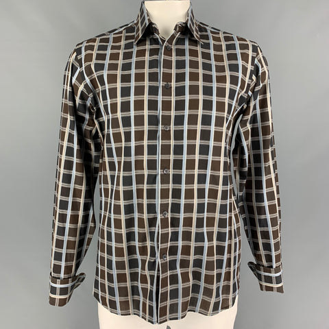 TED BAKER Size L Brown Beige Plaid Cotton French Cuff Long Sleeve Shirt