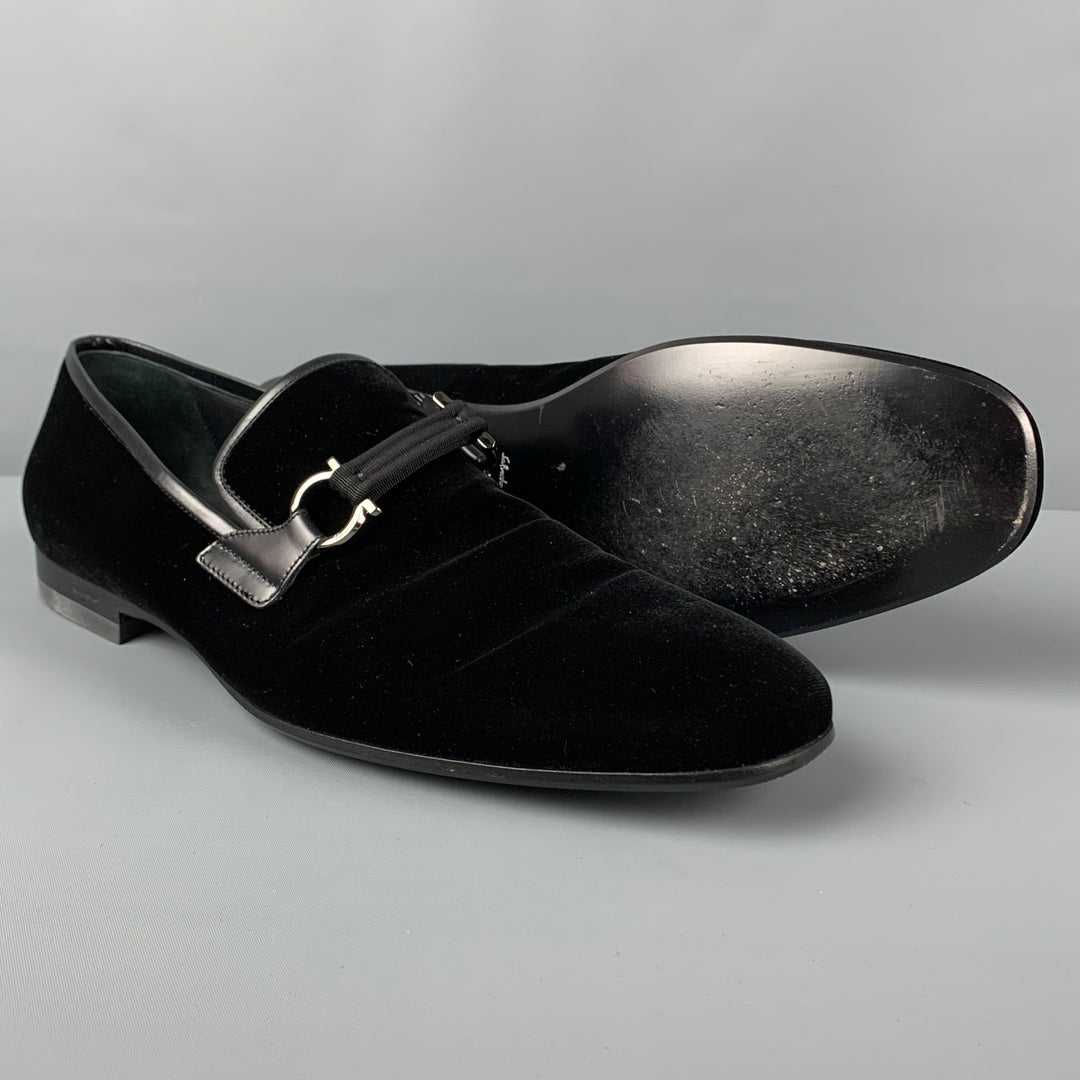 SALVATORE FERRAGAMO Size 12 Black Velvet Leather Trim Lapo Loafers