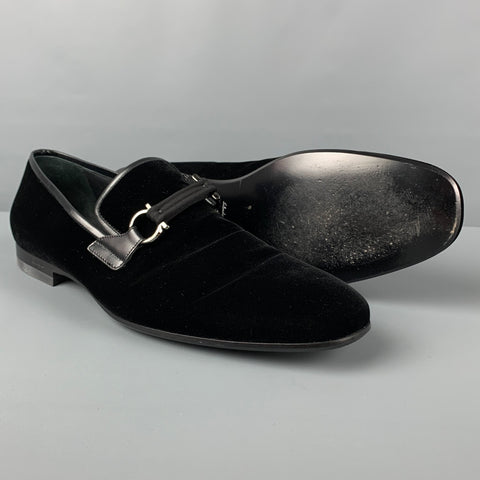 SALVATORE FERRAGAMO Size 12 Black Velvet Leather Trim Lapo Loafers