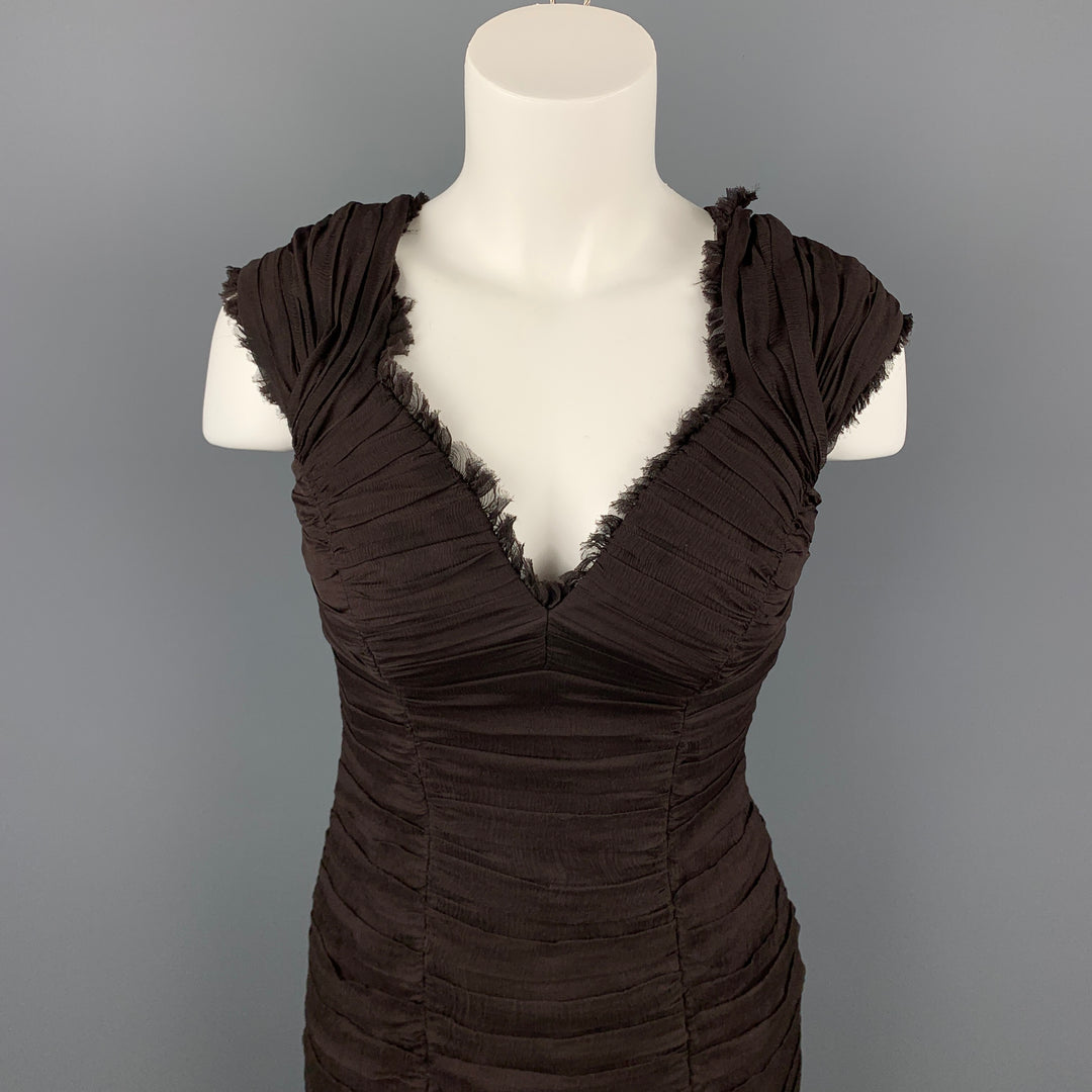 TADASHI Size 6 Brown Ruched Silk V-Neck Sleeveless Cocktail Dress