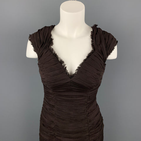 TADASHI Taille 6 Robe de cocktail sans manches en soie froncée marron à col en V