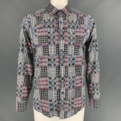 ROBERT GRAHAM Talla XL Camisa de manga larga con botones de algodón de patchwork blanca