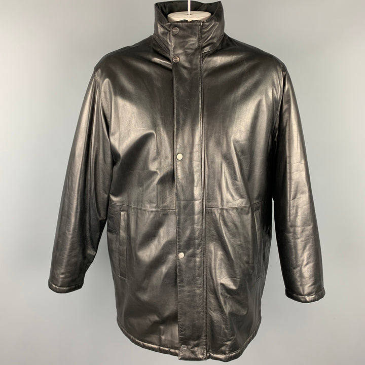 SALVATORE FERRAGAMO Size 42 Black Leather Zip & Snaps Reversible Coat