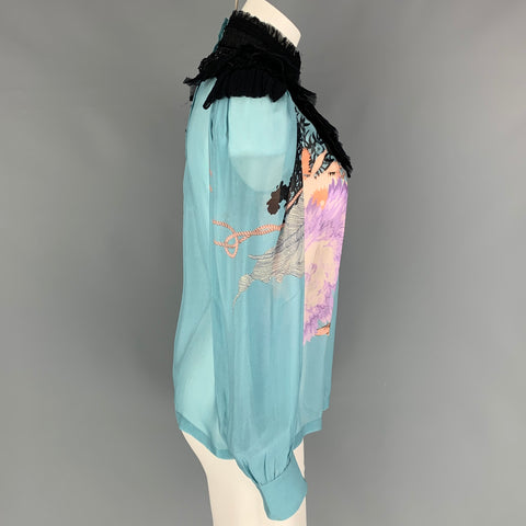DRIES VAN NOTEN 2016 Size 4 Blue Black Beaded Silk Mock Neck Blouse