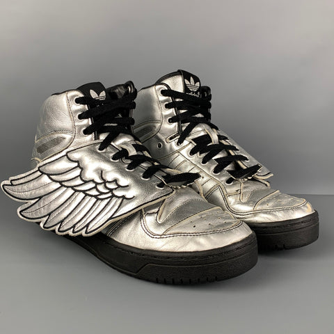 ADIDAS x JEREMY SCOTT Size 9 Silver Black Leather Metallic Wing Sneakers