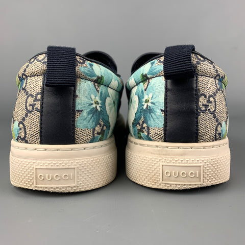 GUCCI GG Supreme Monogram Blooms Dublin Taille 9 Baskets à enfiler en toile enduite florale bleue et blanche