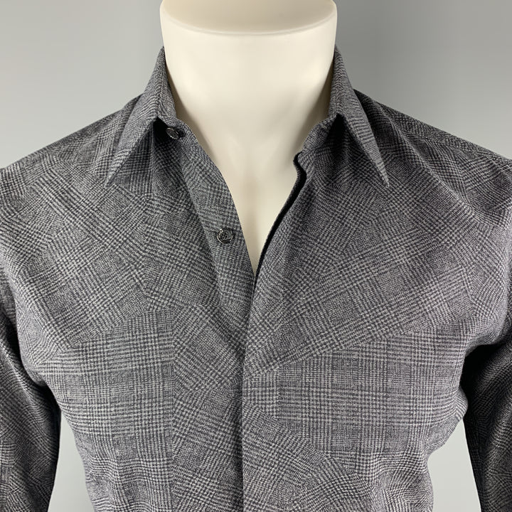FENDI Size S Grey & Black Plaid Cotton Hidden Placket Long Sleeve Shirt