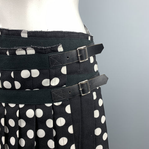 COMME des GARCONS Size S Black & White Polka Dot Pleated Leather Strap Kilt Skiirt