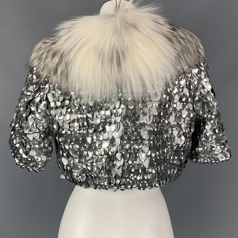 MARC JACOBS Talla 6 Chaqueta corta con cuello de piel de zorro en mezcla de lana plateada y negra