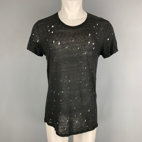 IRO Size S Black Distressed Linen Crew-Neck T-shirt
