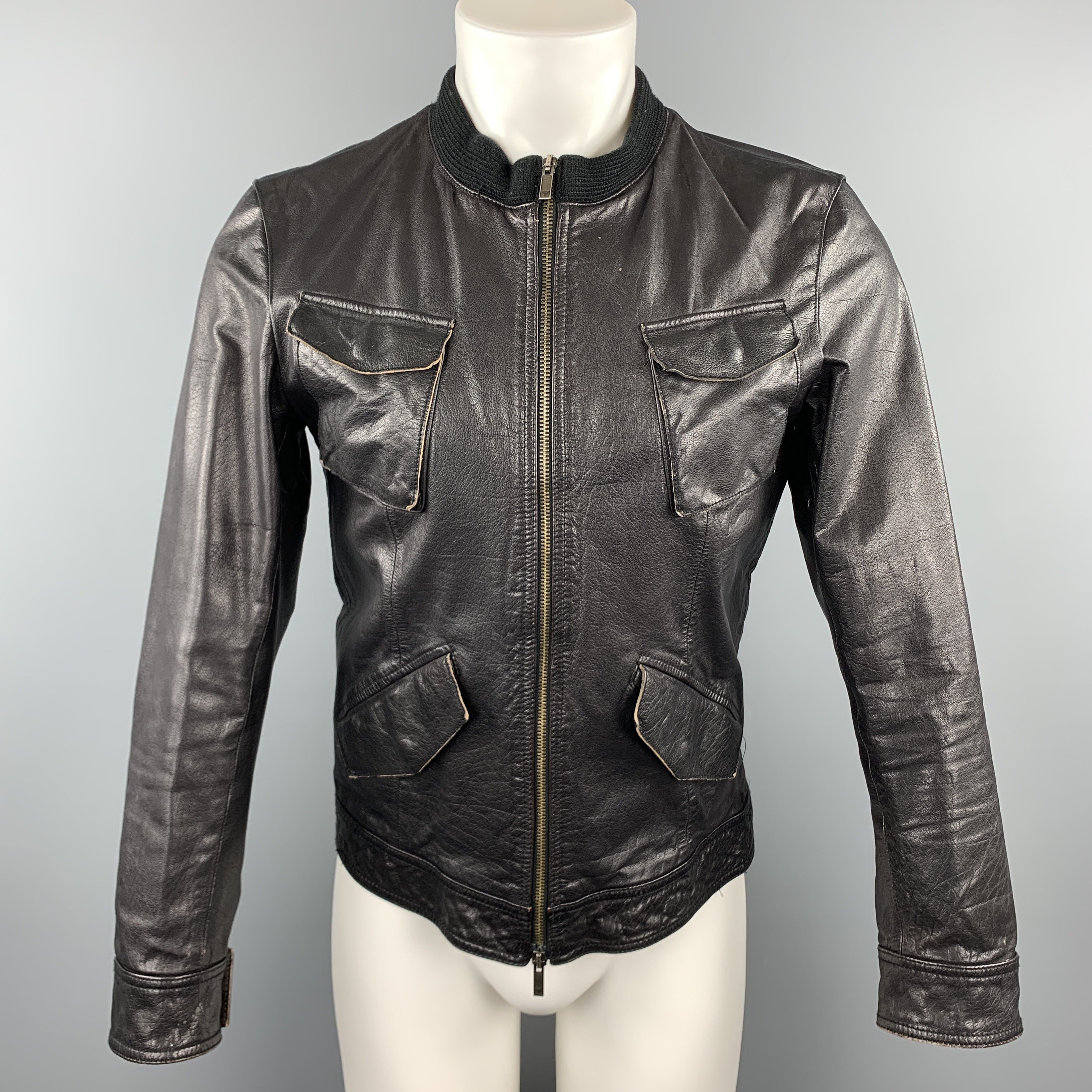 EMPORIO ARMANI ブラックレザージャケット　サイズS EMPORIO ARMANI Size S Black Leather Full Zip Patch Pockets
