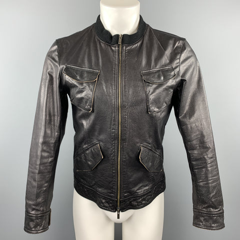 EMPORIO ARMANI Chaqueta desgastada con bolsillos de parche y cremallera completa de cuero negro talla S