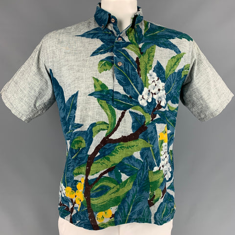 45rpm Size L Light Grey & Blue Floral Print Cotton Pop-Over Short Sleeve Shirt