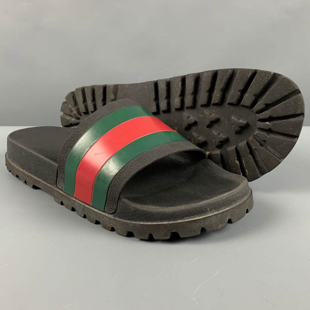 GUCCI Size 10.5 Black Green Red Stripe Rubber Sandals – Sui  display picture 2