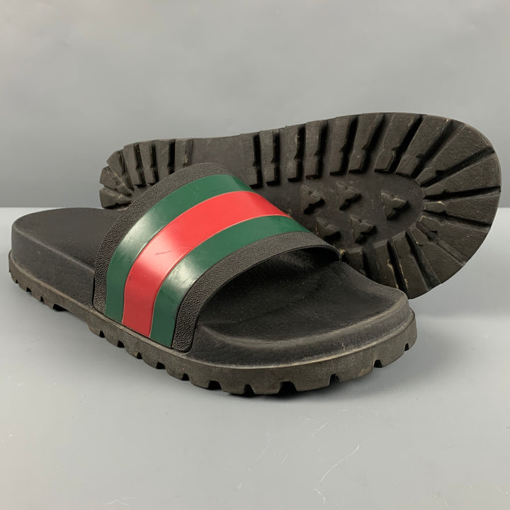 GUCCI Size 10.5 Black Green Red Stripe Rubber Sandals