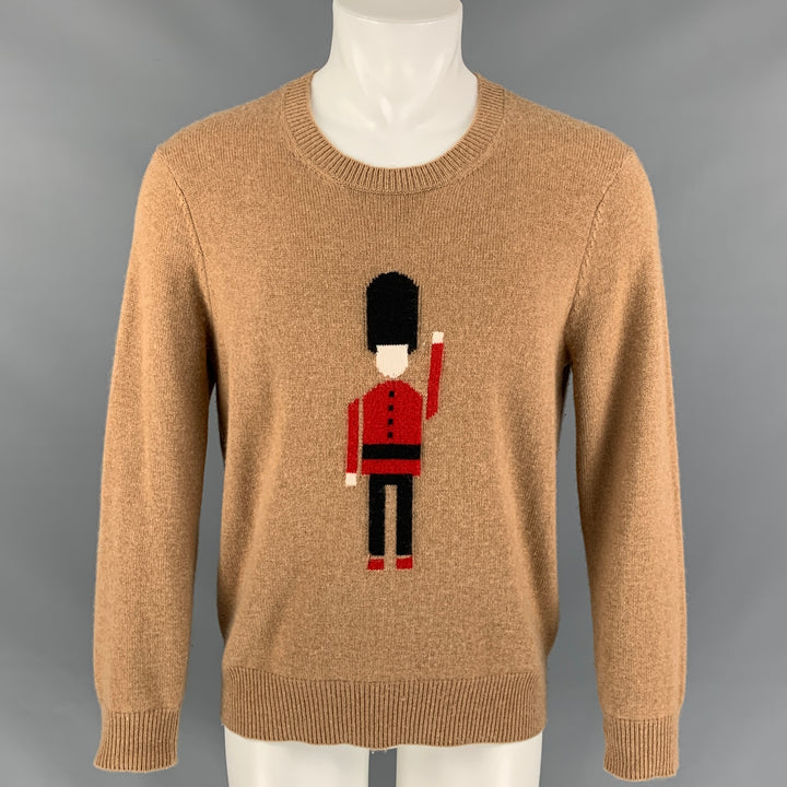 BURBERRY PRORSUM Pre-Fall 2013 Size L Tan & Red Graphic Cashmere Solider Guard Intarsia Crew-Neck Sweater