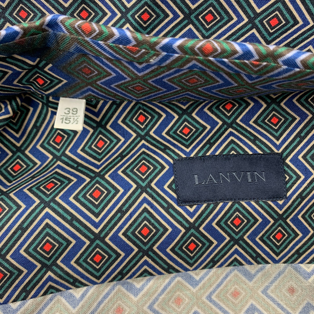 LANVIN Size M Navy & Blue Geometric Button Up Long Sleeve Shirt