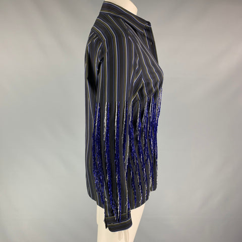 DRIES VAN NOTEN SS 19 Size L Navy & Grey Cotton Stripe Beaded Shirt