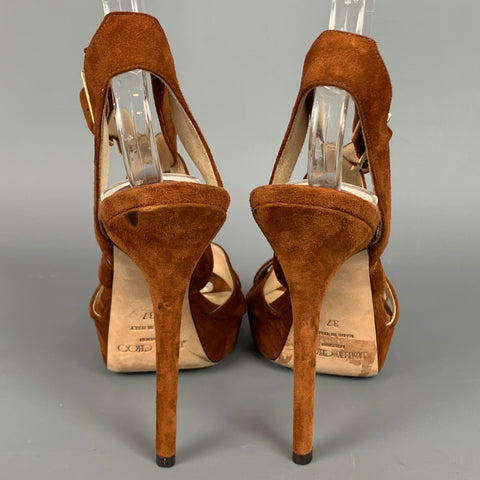 JIMMY CHOO Sandalias de plataforma con tiras de ante color canela Talla 7
