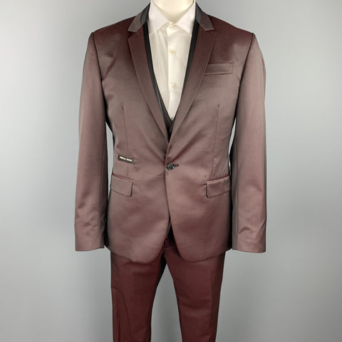PHILIPP PLEIN Diamond Cut Size 44 Burgundy & Black Wool Blend 3 Piece Tuxedo Suit