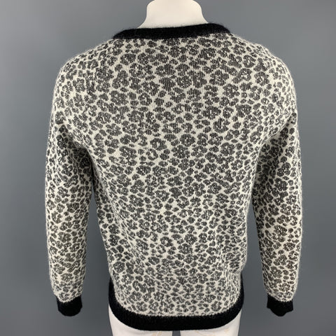 SAINT LAURENT Size L Black & White Leopard Print Mohair Blend Crew-Neck Sweater