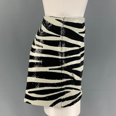 SAINT LAURENT Size 2 Black Cream Zebra Print Stripe Acetate Viscose Sequined Mini Skirt