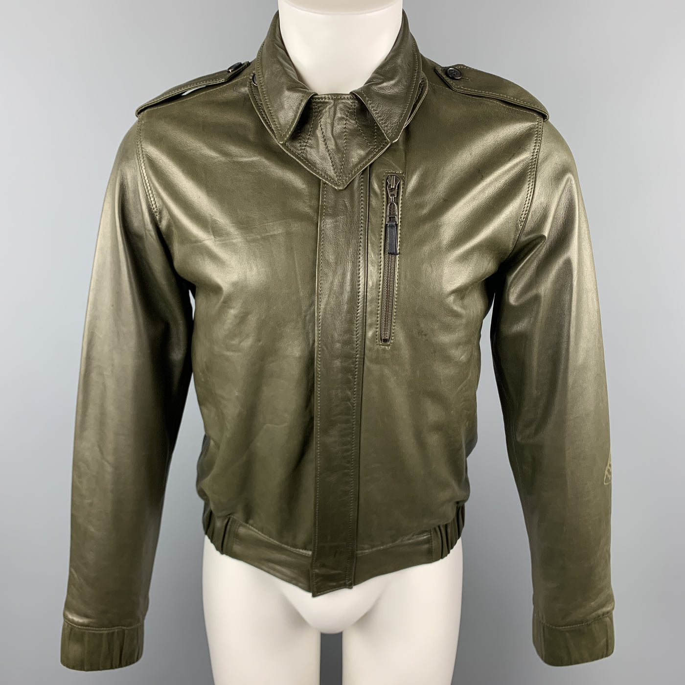 KRIS VAN ASSCHE Size S Olive Leather Pleated Zip Up Jacket