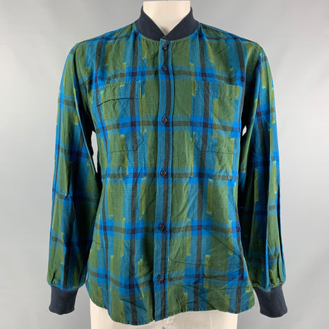 UNIVERSAL WORKS Camisa de manga larga sin cuello de algodón a cuadros azul y verde oliva Talla L