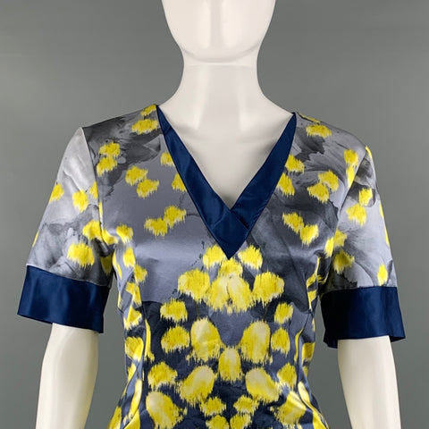 PRABAL GURUNG Size 10 Blue Yellow Cotton Silk Print A-Line Dress