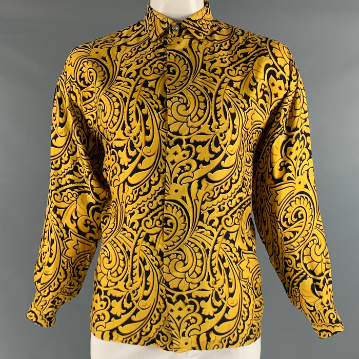 GIANNI VERSACE Size XS Gold Black Print Silk Hidden Placket Long Sleeve Shirt